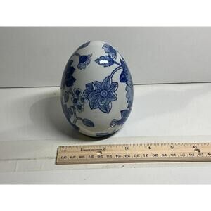 Andrea by Sadek Blue & White Floral Porcelain Egg Figurine Vase ~ 5.5"